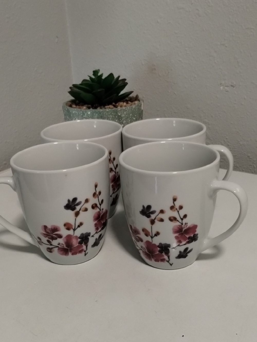 Floral Porcelain Coffee Mugs - Pink Flower Pattern, Set of 4